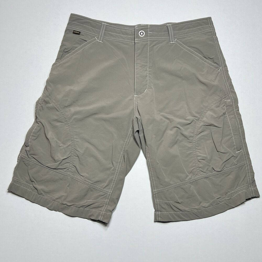 Kuhl Renegade Cargo Shorts Men Sz 34 Tan Inseam 12" Nylon Stretch Hiking Outdoor